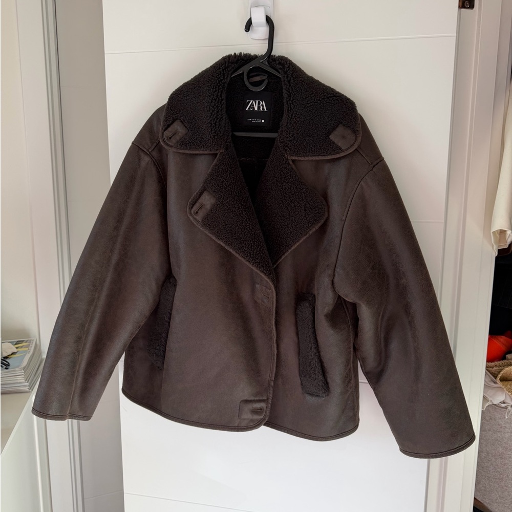 Zara Women's Chocolate Brown Faux Shearling Teddy Jacket